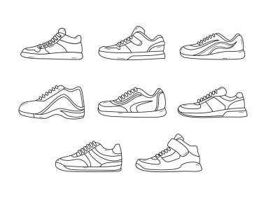 Spor ayakkabıları karalama seti koleksiyonu, Moda Spor ayakkabı paketi, fitness ayakkabısı tasarımı spor ayakkabısı çizgisi etkin erkek kadın yürüyüşü veya rahat ayakkabı giyimi, moda spor giyim kuşağı..