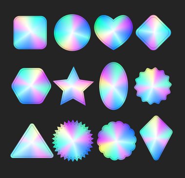 Holografik çıkartmalar koleksiyon seti, farklı şekillerin boş hologram etiketleri, gökkuşağı hologram folyo etiketleri. Kıvrımlı kenarları olan parlak yanardöner etiketler, mühür amblem rozetleri garantisi. vektör illüstrasyonu