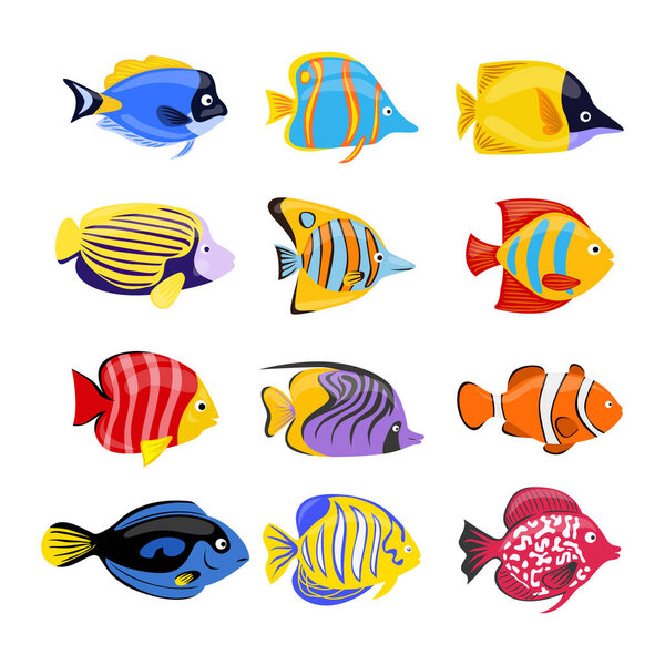Красочный тропический аквариум Коллекция рыбных наборов, Изолированная икона аквариумных животных фауна, Рыба-бабочка, Рыба-ангел, Рыба-клоун, Голубой Тан, Discus, векторная иллюстрация