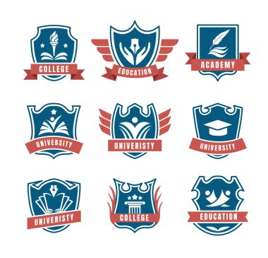 Üniversite ve kolej logosu amblemleri, üniversite ve eğitim rozetleri koleksiyonları, Kolej Kampüsü logosu pankartı, insanlar, kalem, şapka. vektör illüstrasyonu