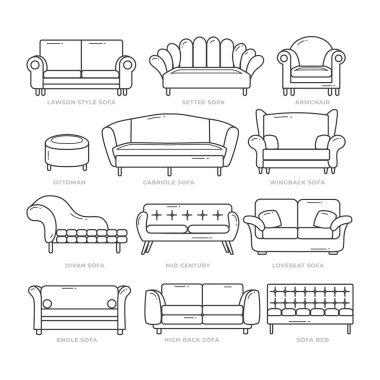Farklı tip modern kanepe tipleri çizim sanatı, düz çizgi film tarzında kanepe, mobilya parçaları, iç mobilya tasarım unsurları. Ev ve ofis divan simgesi çizimi