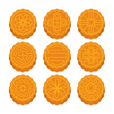 Sonbahar ortası festivali için çeşitli desenlere sahip ay çörekleri beyaz arka planda izole edilmiş. Geleneksel Asya ve çiçek süsleri, tatlı geleneksel tatlı yemekleri. vektör koleksiyonu