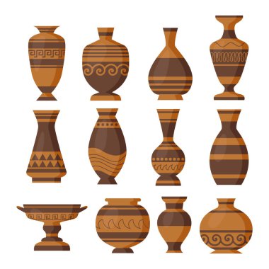 Clay Pot Antik Yunan vazosu koleksiyonu, Yunan antika vazolarına sahip logolar, Eski Roma el yapımı kil kapları, eski çömlek seti, seramik arkeolojik kap, seramik toprak eşyalar, Antik Amforo boho