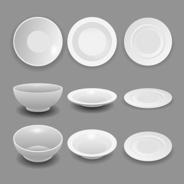 Farklı açılara sahip gerçekçi beyaz tabak, tabak ve yemek seramik kasesi ya da restoran için şeffaf kase bardakları ya da mutfak gereçleri, boş temiz seramik ya da porselen yemek tabakları..