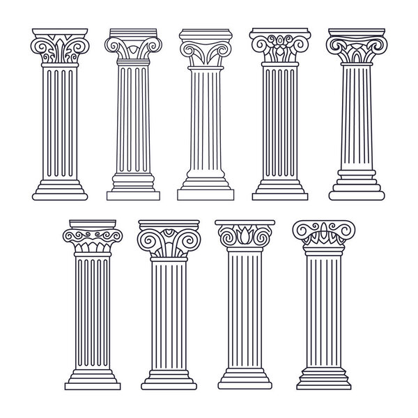 Набор античных белых столбцов Прозрачный набор икон, Старинные столбы установлены изолированы на белом фоне с контуром каменного эффекта. Векторный набор классических колонн, греческий столб, историческая линия подиума.