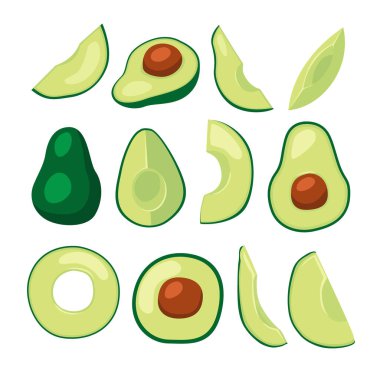 Avokado meyve seti ikonu koleksiyonu, elma, yığın, yarısı ve dilimlenmiş avokado, ısırılmış avokado, diyet ve vejetaryen için taze organik sağlıklı yiyecekler. Vektör illüstrasyonu