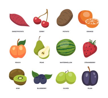Farklı meyve ve sebze seti beyaz zemin üzerinde izole edilmiş tatlı patates, kiraz, portakal, şeftali, armut, karpuz, çilek, kivi, yaban mersini, zeytin, erik.