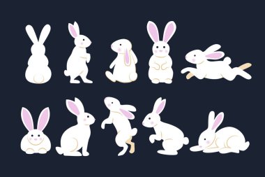 Çeşitli pozlarda şirin beyaz tavşanlar, çizgi film tarzı tavşan koleksiyonu, sonbahar ortası hayvan süslemesi, tavşan seti, Ay Festivali için, Tavşan Dekorasyonu için Çin Ay Yılı.