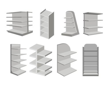 Arkaplanda farklı açılardan veya görüntüden izole edilmiş beyaz boş mağaza rafları koleksiyonu, rafların tasarımı, rafların ekran ögesi. Süpermarket ürünleri boş model reklamları yapıyor.