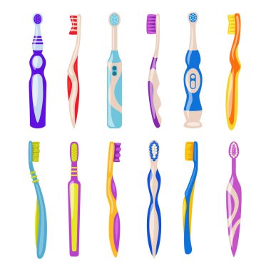 Beyaz arkaplanda izole edilmiş renkli diş fırçası koleksiyonu vektör çizimi, diş fırçası temizleme araçları hijyen, el fırçası ve elektrikli diş fırçası için simge seti, çocuklar için diş hekimi.