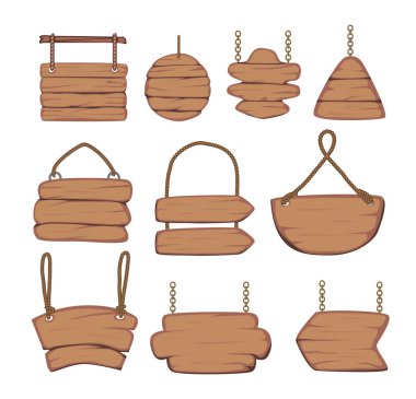 Tahta seti koleksiyonu. boş panolar, Eski Batı Tahta tahtaları pankartlar için çiviler veya zincirlere asılı mesajlar veya ipler karikatür, tabela ya da reklam panosu, vektör illüstrasyonu