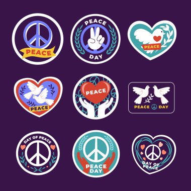 Uluslararası Barış Günü etiketi ve rozet koleksiyonu, siyah arkaplanda izole edilmiş vektör illüstrasyonu, Barış jesti, güvercin kuşları, kalp şekli, barış simgesi seti, savaş yok..