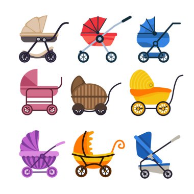 Bebek arabası koleksiyonu seti, bebek arabası klipsi. Basit, şirin bebek arabası bebek arabası çizim stili, yeni doğan ve çocuk odası dekorasyonlu düz vektör illüstrasyonu.