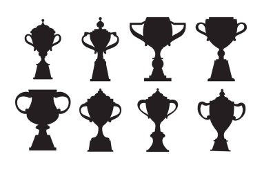 Siluet kupa koleksiyonu. Şampiyonluk kupası, spor ödülü, spor ödülleri, siyah soyut oyun şampiyonu, düz çizim vektörü..