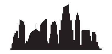 Şehrin siluet manzarası, yüksek gökdelenleri olan şehir merkezi manzarası. Panorama mimari hükümet binaları, modern mimari panorama binaları, şehir yaşamları, düz vektör illüstrasyonu.