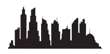 Şehrin siluet manzarası, yüksek gökdelenleri olan şehir merkezi manzarası. Panorama mimari hükümet binaları, modern mimari panorama binaları, şehir yaşamları, düz vektör illüstrasyonu.