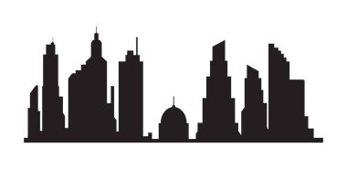 Şehrin siluet manzarası, yüksek gökdelenleri olan şehir merkezi manzarası. Panorama mimari hükümet binaları, modern mimari panorama binaları, şehir yaşamları, düz vektör illüstrasyonu.