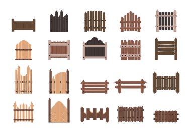 Çit simgesi seti koleksiyonu, Düz Çizgi Film Tarzı Çiftlik, Çiftlik ve Çiftlik İçin Modern Çitler Koleksiyonu, ya da Bahçe Sınırı Arka Bahçe Tasarımı, Kırsal Ev Bahçesi Arazi Alanı