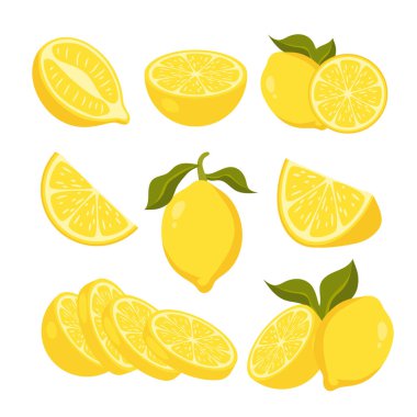 Yeşil yapraklı, yarım dilimlenmiş yeşil yapraklı, ekşi taze meyve, parlak sarı kabuklu, vektör resimli, beyaz arka plan vektörüne izole edilmiş taze limon seti seti seti.