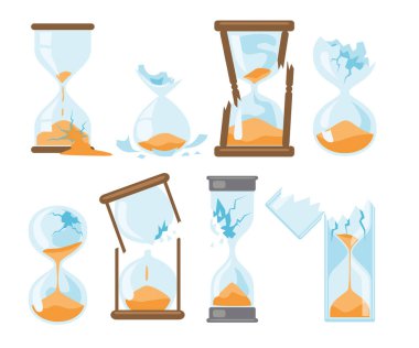Kırık kum saati seti koleksiyonu, zaman kavramı, zaman kaybı veya gecikme, son teslim tarihi, bozuk saat karikatürü, zaman bitti, ekonomik kriz vektör çizimi, zaman çizelgesi çatışması.