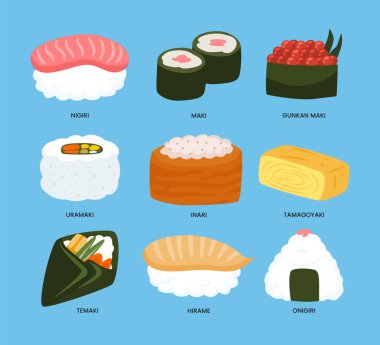 Farklı türde suşi yemek seti koleksiyonu, nigiri, maki, gunkan, uramaki, inari, tamagoyaki, temaki, hirame, onigiri, karikatür tatlı veya Asya yemekleri, vektör ilülasyonu.