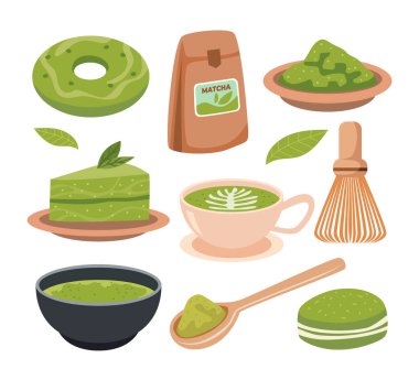 Çeşitli kibrit yeşil çay koleksiyonları, kaşık, donut, çay yaprakları, organik çay kibrit tozu, çaydanlık, matcha latte, baget, geleneksel fincan, çırpma, Japon tören aletleri. Asyalı sağlıklı içecek.