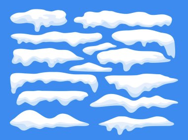 Mavi arka planda beyaz kar pelerini koleksiyonu, kar yığınları seti, kış elementi, sınır çerçevesi kar dekorasyonu. Çizgi film düz süsleme, kar taneleri, buz sarkıtları mavi üzerine izole.