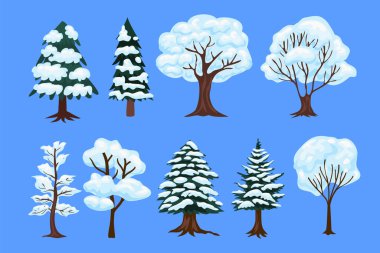 Karlı ağaç seti koleksiyonu, karla kaplı köknar ağacı, kar süslemesiyle kaplı ladin, mavi arka plan vektör tasarım elementlerine izole edilmiş. El çizimi illüstrasyon.