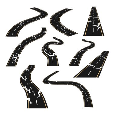 Kırık yol çatalı koleksiyonu, toprak yarılması, çatlak delik, kırık beton döşeme dokusu. İzole bölünme ve hasar kırığı, gerçekçi çatlak vektör çizimi.