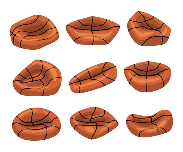 Eski sönmüş basketbol takımı seti, düzleştirilmiş top, çizgi film tarzı, beyaz arka planda izole edilmiş, yıpranmış top, turuncu, lastik, buruşuk eski top, oyun bitti..