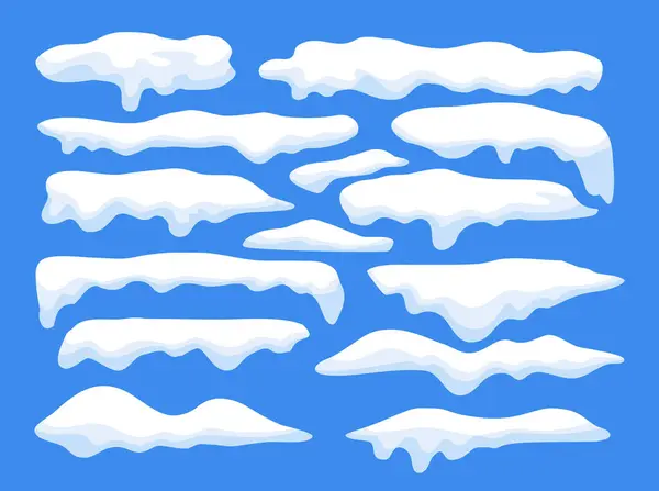 Mavi arka planda beyaz kar pelerini koleksiyonu, kar yığınları seti, kış elementi, sınır çerçevesi kar dekorasyonu. Çizgi film düz süsleme, kar taneleri, buz sarkıtları mavi üzerine izole.