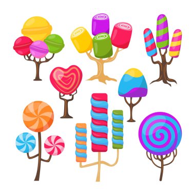 Fantezi çizgi film seti, tatlı kara karamel ağaçları. Fantezi doğa, oyun tasarımı, tatlı şeker manzarası çizim seti. Karamel, dondurma ve lokum ağaçları. Fantezi karamel ağacı ve şeker.