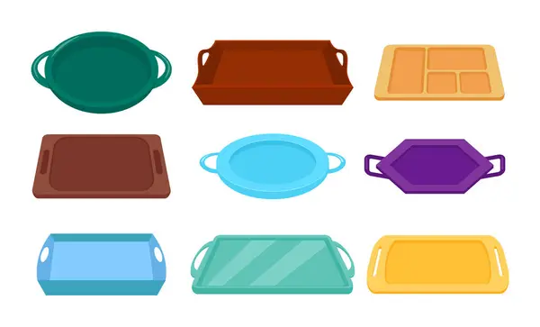 Saplı plastik boş yemek tepsisi seti. Dikdörtgen mutfak malzemeleri, Fast food restoranı, kafeterya, kafe veya yemek servisi bulaşık takımı, boş strafor kaplar, beyaz arka planda izole edilmiş..