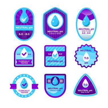 Nötr Ph etiket mührü, logo, çıkartma koleksiyonu şampuan veya krem için nötr ph denge logosu seti. Düşürmeli Ph işaret etiketi, Ürün ambalaj etiketi, sıvı damla sembolü.