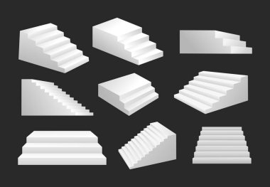 Farklı açı ve açıyla beyaz merdivenler, gerçekçi merdivenler. Siyah arka planda izole edilmiş, ön taraftaki odanın ön tarafının maketi. Merdiven podyumu tasarım konsepti, vektör illüstrasyonu.