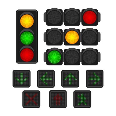 Sokak trafik lambası ikonu koleksiyonu. Trafik ışığı yönü güvenlik sembolünü düzenler. Ulaşım kontrol uyarısı, düz vektör ve yönlü trafik ışığını geçen yaya..