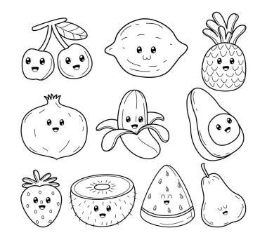 Şirin kawaii meyve karalama koleksiyonu, tropikal sağlıklı meyve karikatürü, ana hatlı resim, beyaz arka planda kiraz, limon, ananas, muz, avokado, kivi, armut, şeftali....