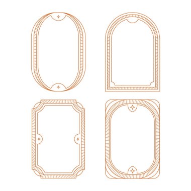 Beyaz Arkaplanda Göksel Elementler olan zarif Altın Geometrik Çerçeve koleksiyonu. Düğün davetiyesi için lüks altın sınırlar. İnce çizgi oval ve dikdörtgen. Vektör illüstrasyonu