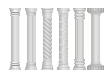 Antik Yunan sütunları koleksiyonu, Roma ve Yunan mimari elementlerinin mermer antik sütunları, Roma sütunları, süslemeli beyaz taş sütunlar, vektör çizimleri.