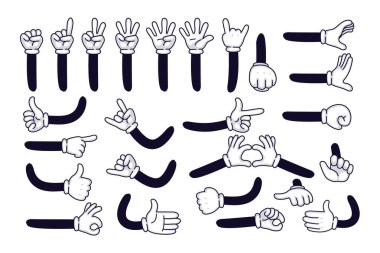 Eldiven jest seti içinde klasik karikatür elleri dekoratif, çıkartmalı, sevimli animasyon karakter parçaları için şirin eski moda hippi çizimleri. Çizgi roman kol hareketleri, düz vektör.