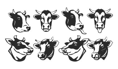 Siluet inek kafası koleksiyonu, siyah beyaz inek kafası logosu, çiftlik hayvanı, beyaz arka planda izole edilmiş. Tek renkli sığır yetiştiriciliği sembolleri. Düz vektör illüstrasyonu.