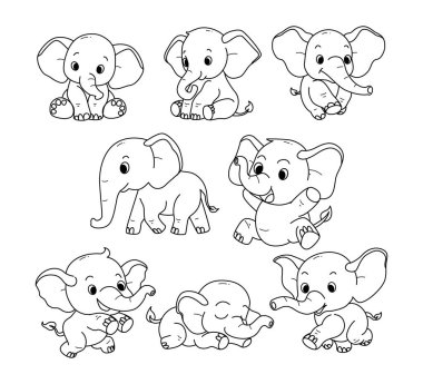 Fil karalama koleksiyonu, ana okulu için fil boyama sayfası hayvanları, hayvan koleksiyonunun vektör çizgisi vahşi yaşam, el çizimi, farklı pozlarda en az fil çizgisi karalaması.