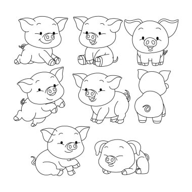 Domuz karalama koleksiyonu, domuz çizgisi boyama sayfası ya da anaokulu için kitap hayvanları, hayvan koleksiyonunun vektör çizgisi, el çizimi, farklı pozlarda en az domuz çizgisi çizimi..
