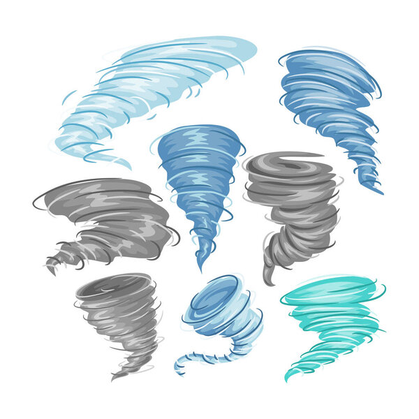 Set of Typhoon, Cyclone, Hurricane and Storm Vector Illustrations, tornado natural disaster concept, tropical storms, typhoons, helix rotary vertigo curvy twister moving spray bend eddy surface.