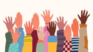 Bir grup insan ellerini kaldırdı, farklı türde tenlerden ellerini kaldırdı, çeşitlilik insanlar çok ırklı ve topluluk konsepti, takım çalışması, işbirliği, oy kullanma, gönüllü konser, protesto.