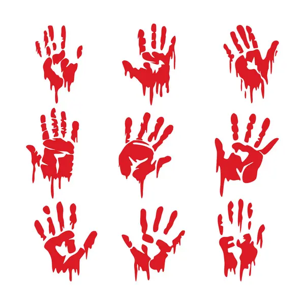 Beyaz arka planda izole edilmiş kanlı el izleri, sıçramış kan ve el izleri, adli kanıtlar, kırmızı boya lekeleri. Suç mahalli. Vampir ısırığı. Cadılar Bayramı dekorasyon unsuru.