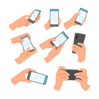 Çeşitli görünüm ve açıyla el ele tutuşan akıllı telefon veya aygıt seti koleksiyonu, boş ekran, telefon modeli, dokunmatik ekrandaki uygulama, metin mesajı ekranı, beyaz arkaplanda izole edilmiş