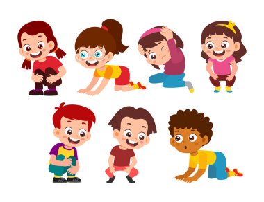 Çeşitli jestleri olan, çömelmiş, çömelmiş, çömelmiş, el pençe divan duran, çömelmiş, el pençe divan duran bir grup çocuk çizgi film karakteri. Düz vektör illüstrasyonu.