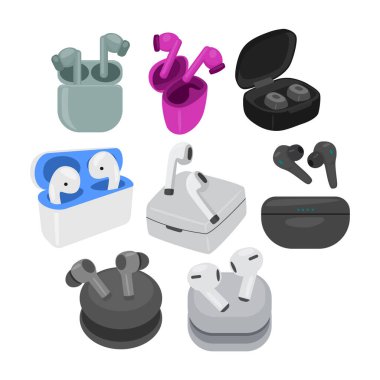 Kablosuz kulaklıklar ve çeşitli açılı çanta koleksiyonu, kulaklık simgeleri, beyaz arka planda izole edilmiş karikatür, ürün kulaklıkları, vektör düz illüstrasyon.