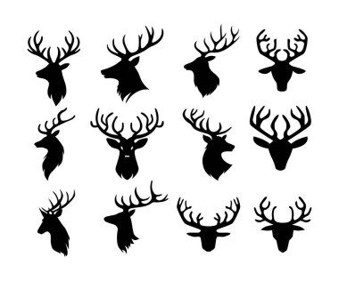 Geyik kafası siluet simgesi seti koleksiyonu, geyik kafası silueti sembolü işareti, boynuzlu geyik veya geyik simgesi, beyaz arka planda izole edilmiş, vektör çizimi. Soyut hayvan logosu, vahşi yaşam..